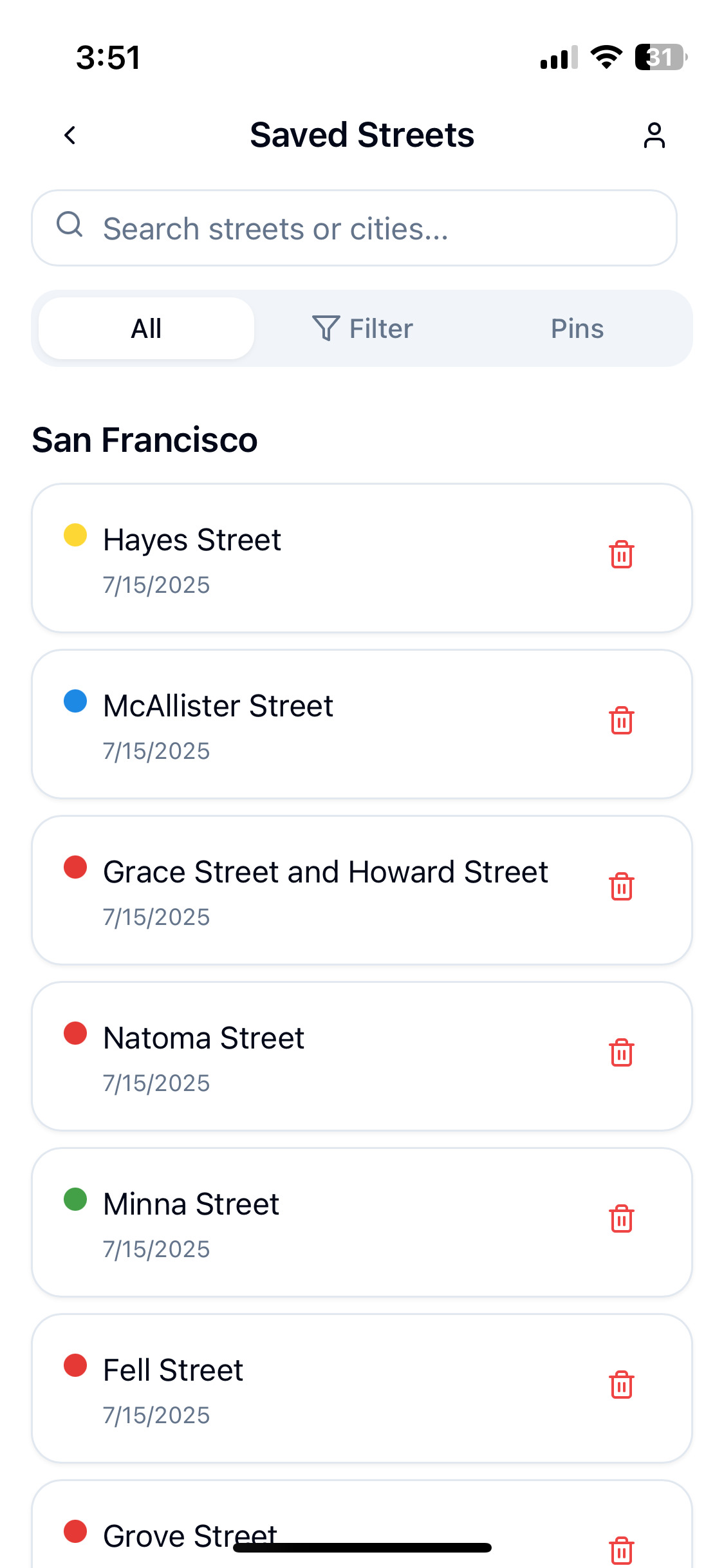Saved Streets List