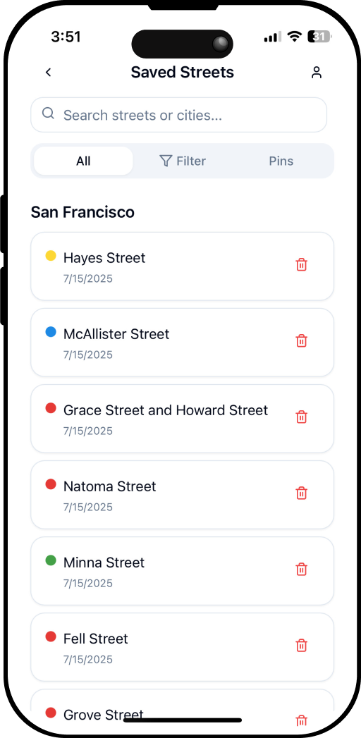 Saved streets list